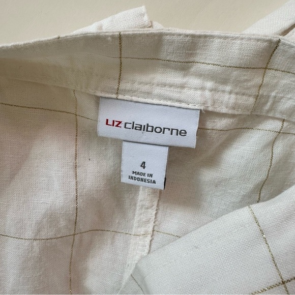 Liz Claiborne Summer White Plaid Metallic Gold Linen Blend Belted Dress Size 4 - Picture 4 of 13